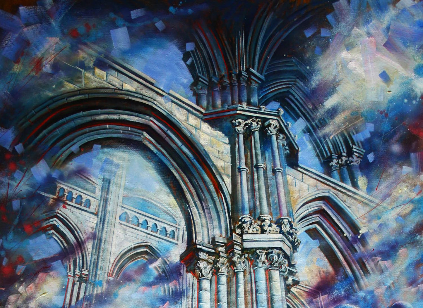 Vibrant abstract oil painting Parade of Planets by Alexander Dobrodiy with gothic cathedral