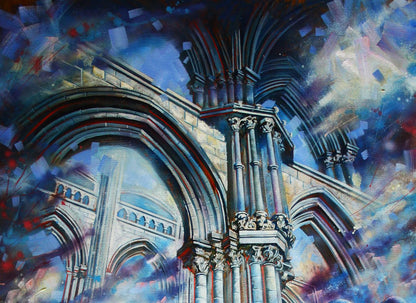 Vibrant abstract oil painting Parade of Planets by Alexander Dobrodiy with gothic cathedral