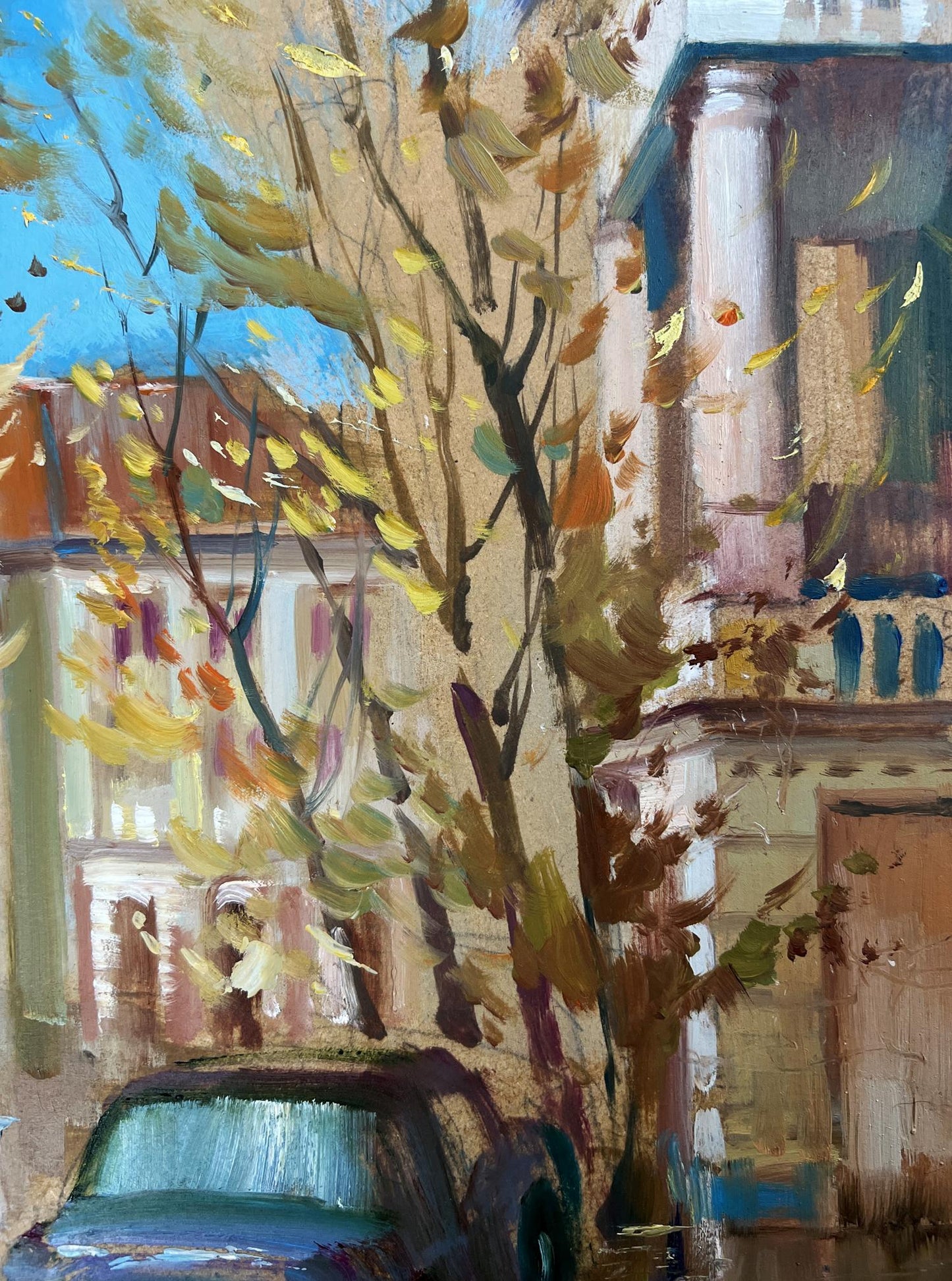 Oil painting Autumn in the Old Quarter by Yuriy Suprunchuk vibrant tree
