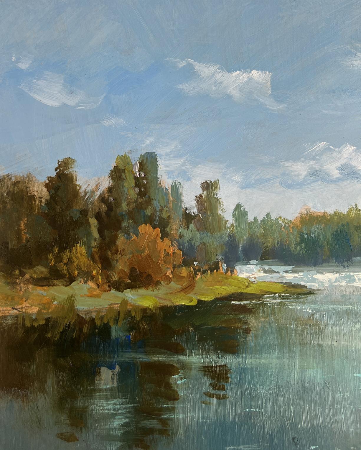 Serene impressionistic oil painting of lonely boat by tranquil river by Yuriy Suprunchuk