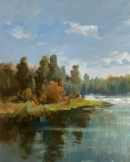 Serene impressionistic oil painting of lonely boat by tranquil river by Yuriy Suprunchuk