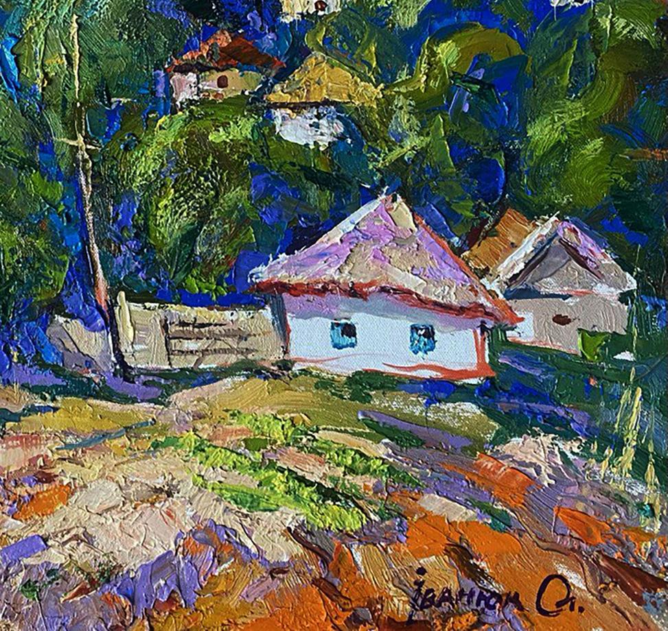 Vibrant impressionist oil painting of Oleksiy Ivanyuk village in valley