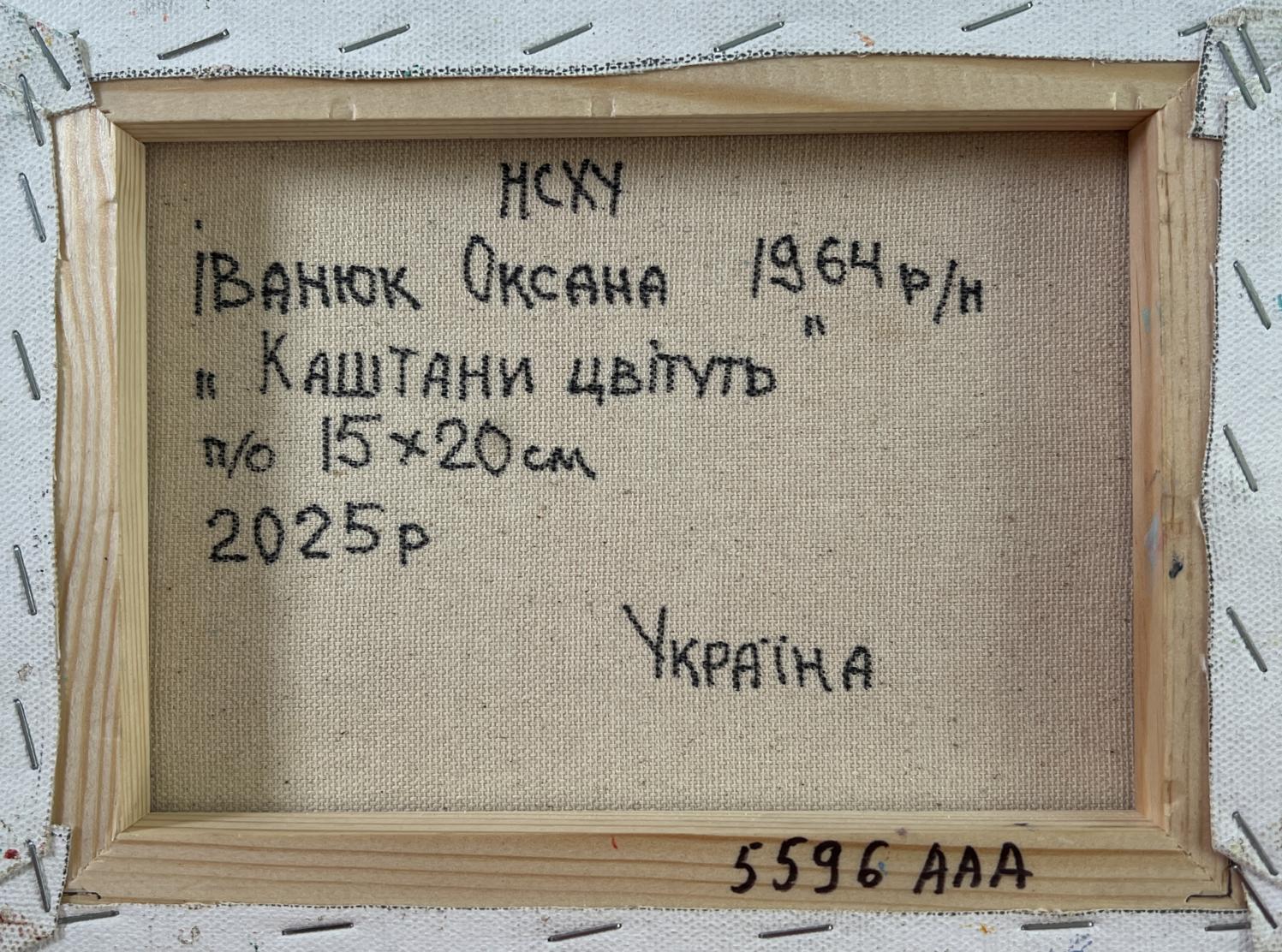 Back of framed Kashtani Cvetut canvas by Oksana Ivanok 1964