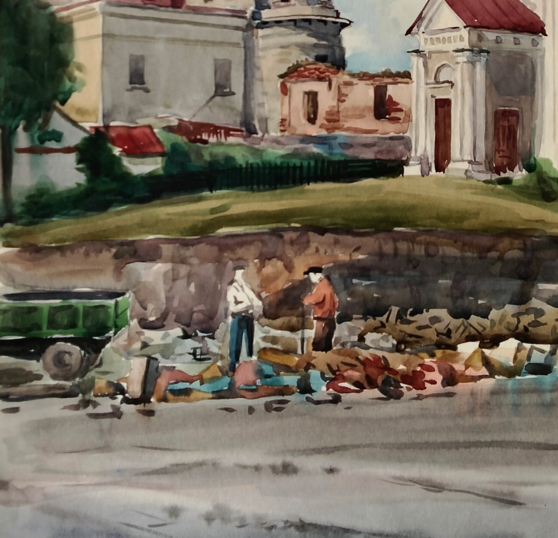 Watercolor painting of construction site by Vitaly Duhnevich