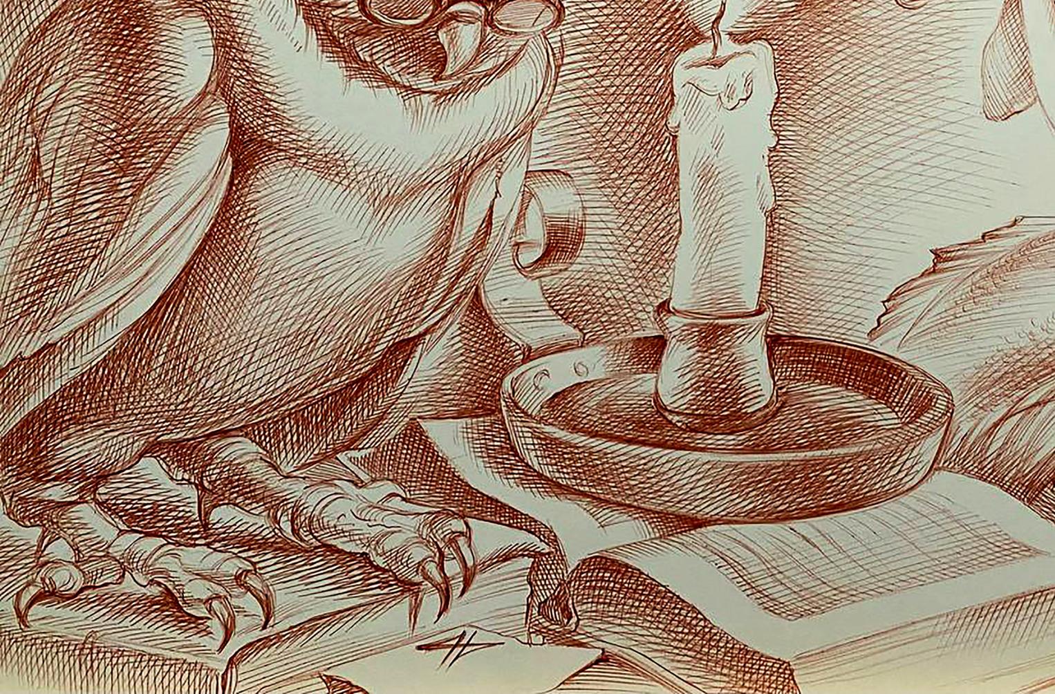Sepia sketch of wise owl with glasses by Natalia Bulat
