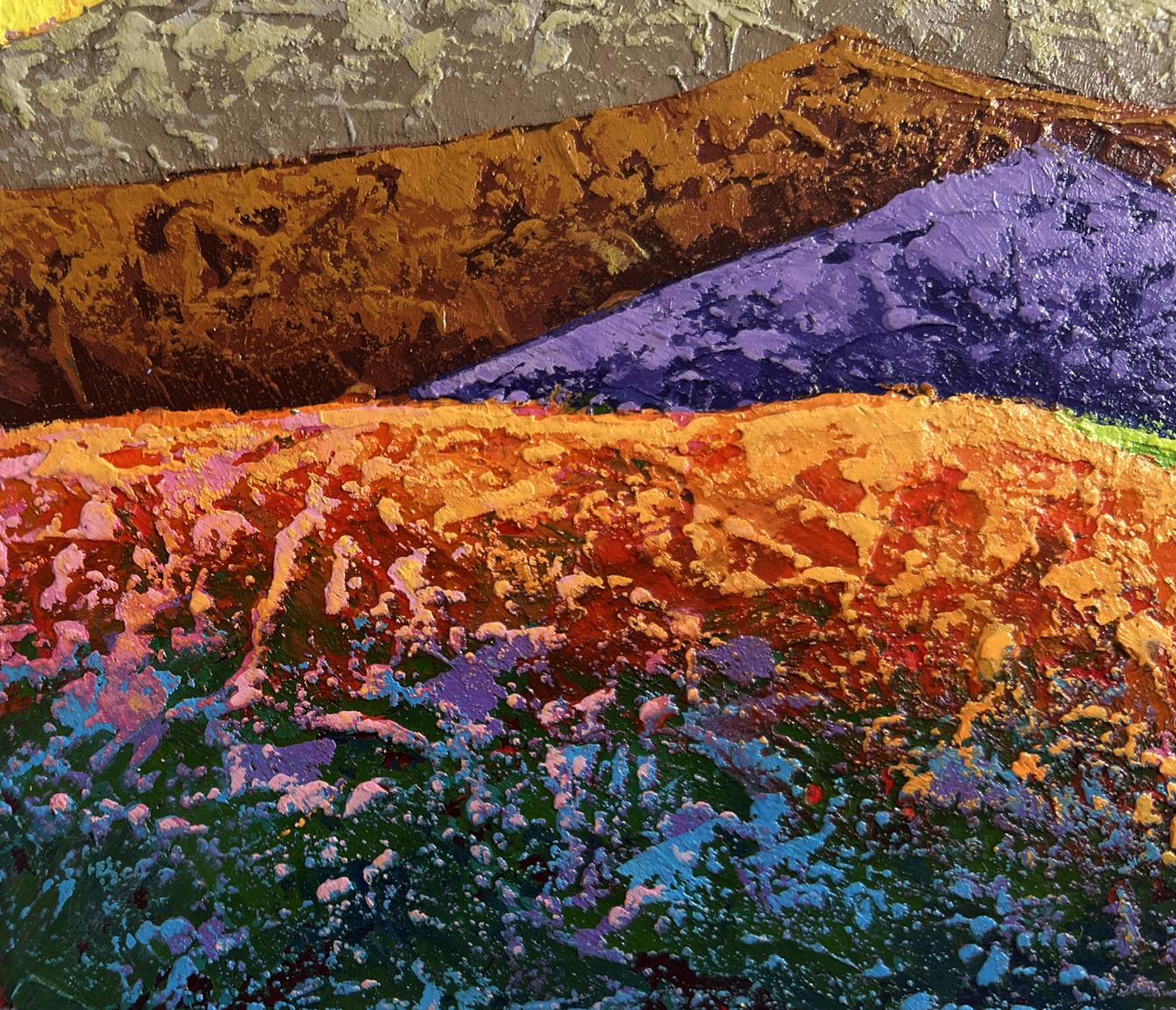 Vibrant abstract landscape oil painting by V. Zadorozhnya with gold, purple, orange, green hues