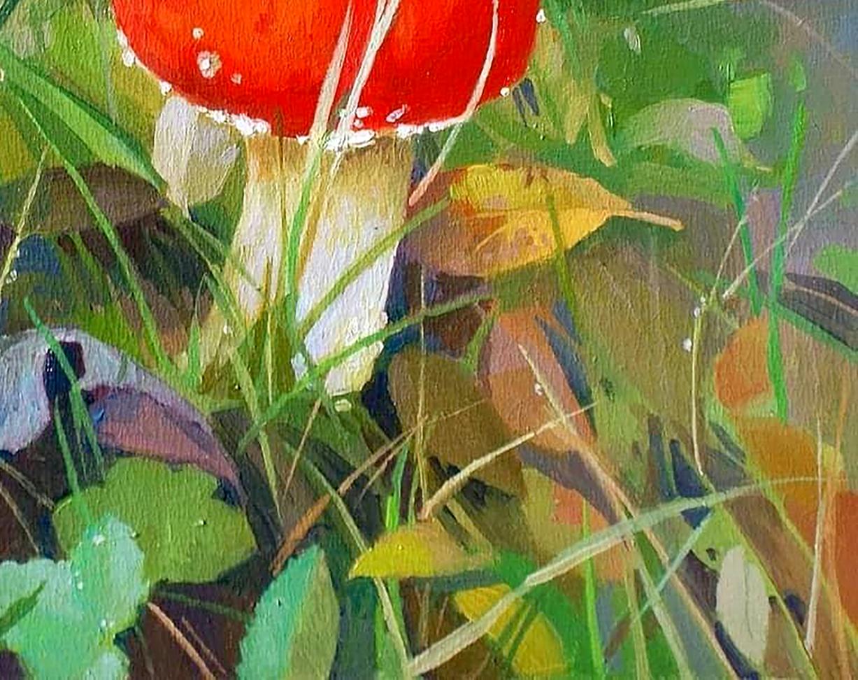 Oil painting of vibrant red spotted mushroom by Anastasia Yaroshevich