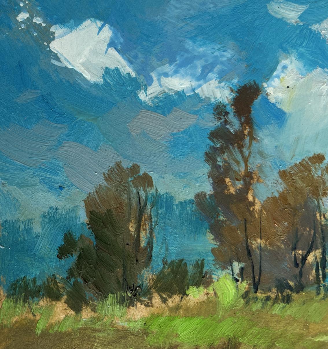 Oil painting of lonely boat among reeds by Yuriy Suprunchuk with blue sky