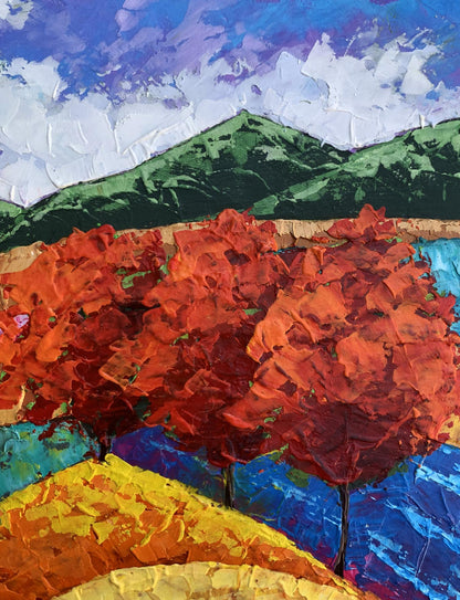 Oil painting of vibrant orange red trees and green mountains by V. Zadorozhnya