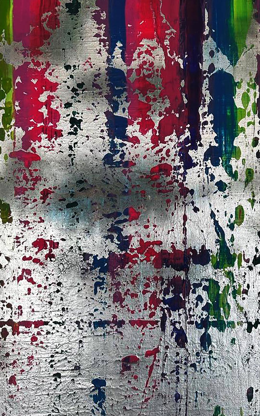 Colorful waterfall acrylic painting by Olga Melezhik on textured silver canvas