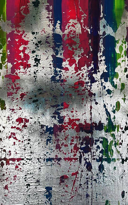 Colorful waterfall acrylic painting by Olga Melezhik on textured silver canvas