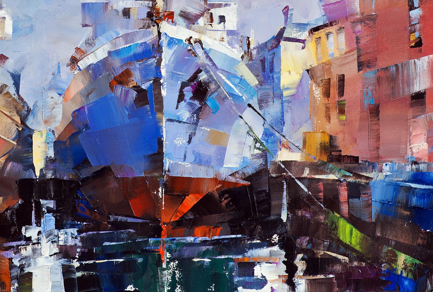 Abstract expressionist painting of a harbor scene with bold, textured brushstrokes in blues, reds, and purples.