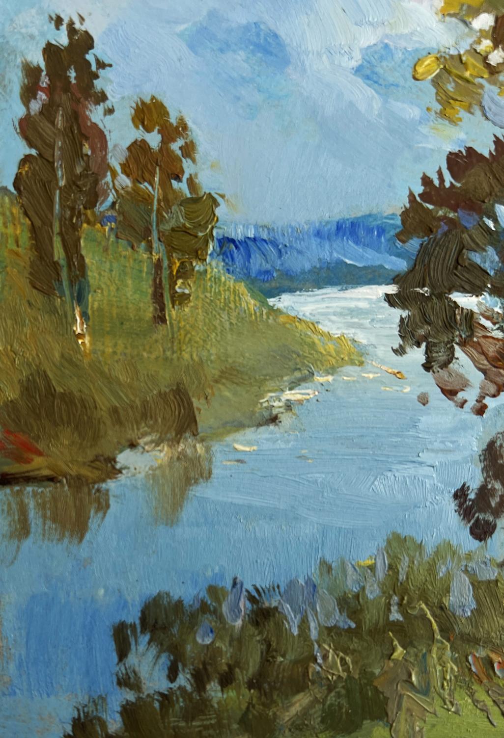 Serene impressionistic oil painting Warm summer day by the river by Yuriy Suprunchuk