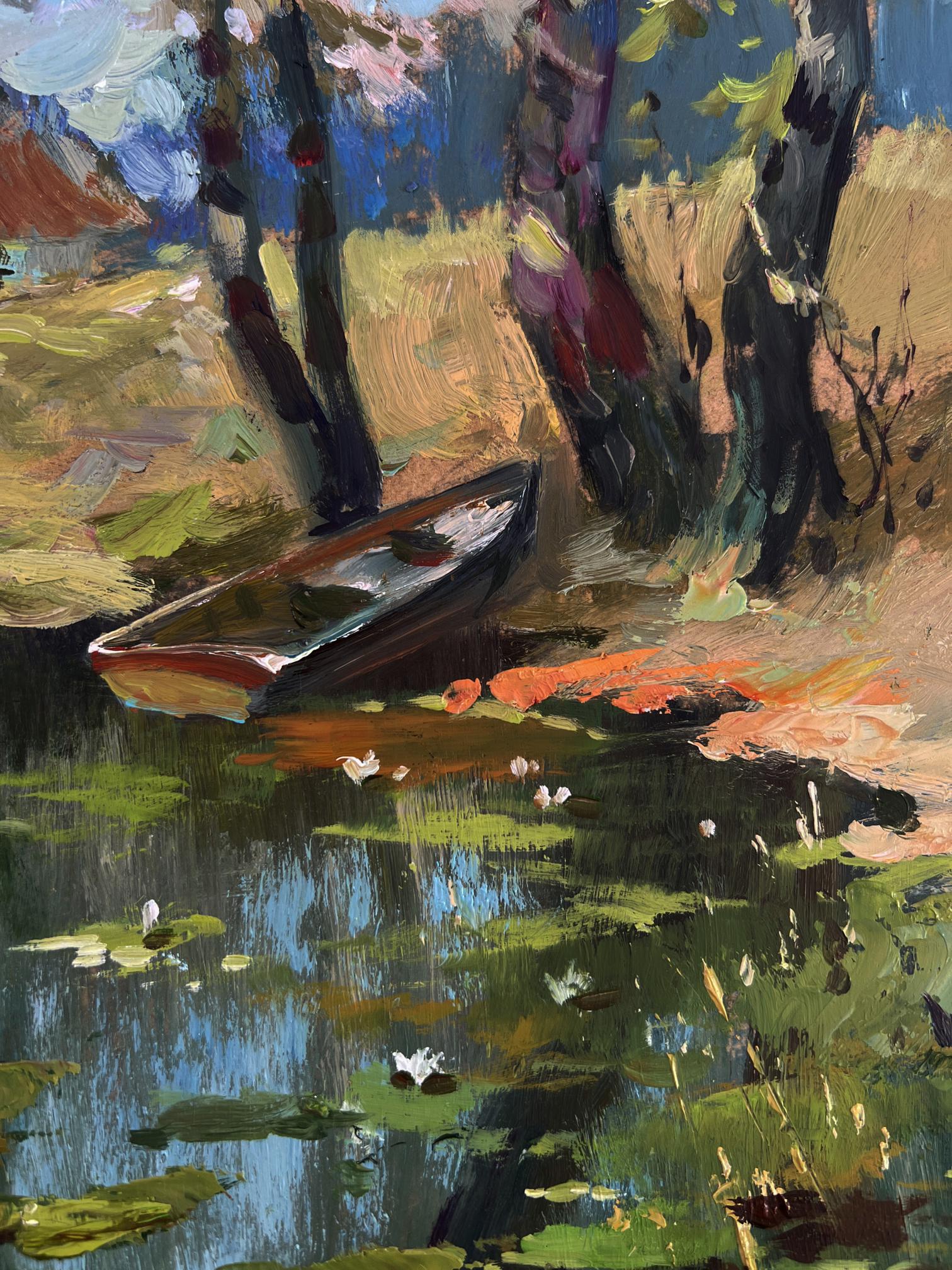 Oil painting of Fishermans boat by Yuriy Suprunchuk impressionistic scene