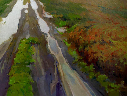 Oil painting Fogs in the mountains by Anastasia Yaroshevich textured trail