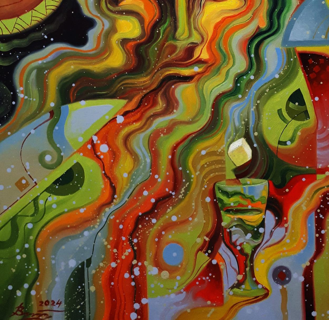 Vibrant abstract oil painting Absinthe man by Sergiy Voichenko with central goblet