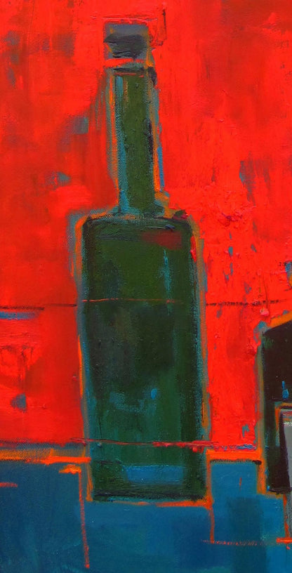 Oil painting Still life in the red room by Natalia Korf-Ivaniuk: green bottle on red background