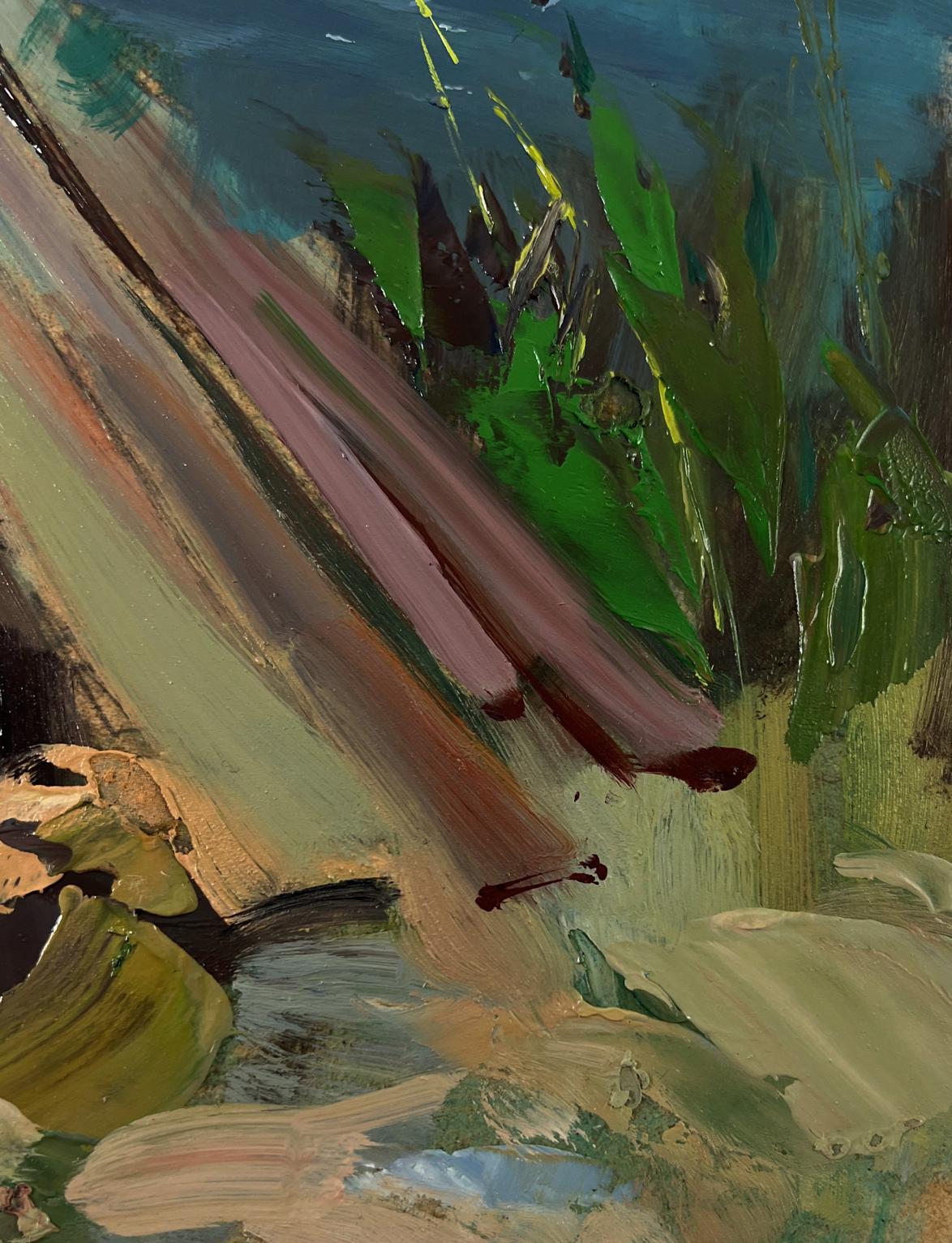 Oil painting by Yuriy Suprunchuk of children walking by river in forest