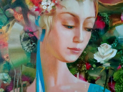 Abstract oil painting White rose by Anatoly Tarabanov with blonde woman