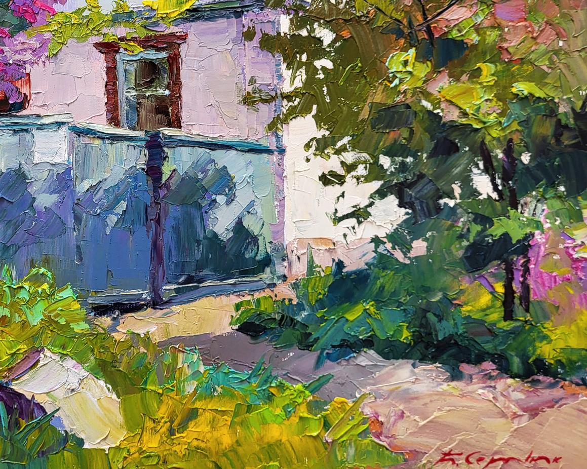 Oil painting Lilac bush by Boris Serdyuk: lavender house, red window, lush foliage
