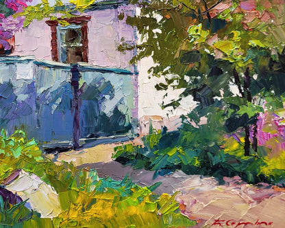 Oil painting Lilac bush by Boris Serdyuk: lavender house, red window, lush foliage