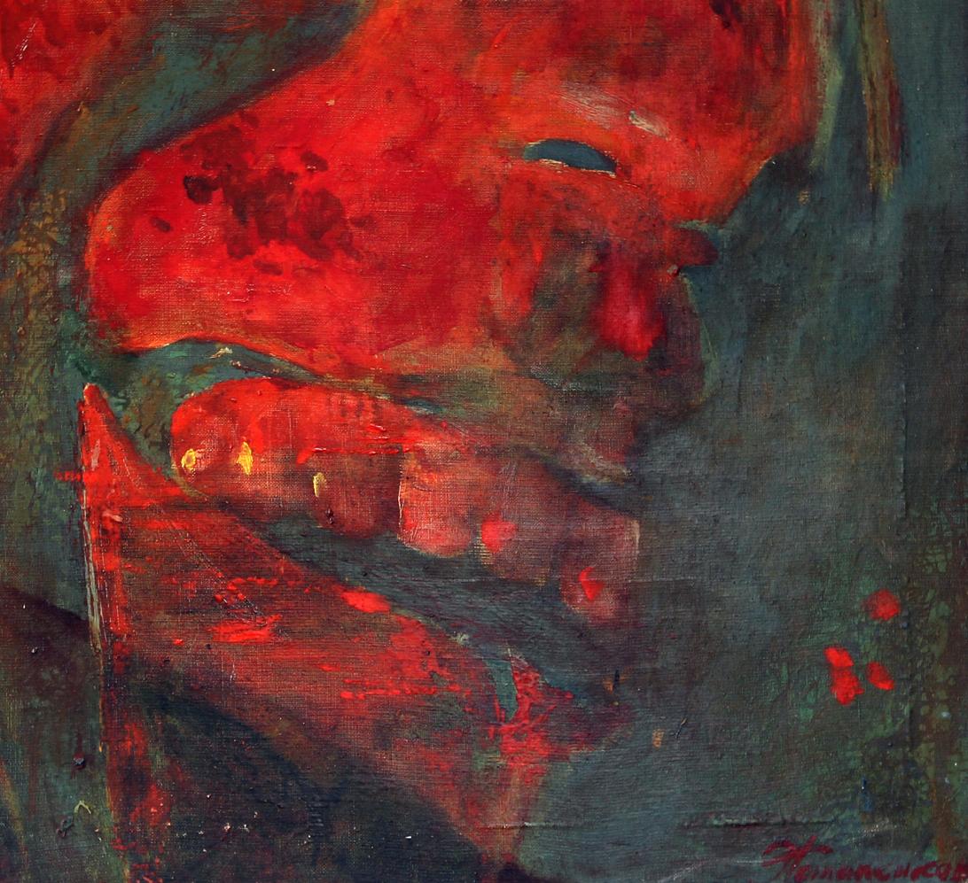 Oil painting Good evening Ed Potapenkov with red teal brushstrokes