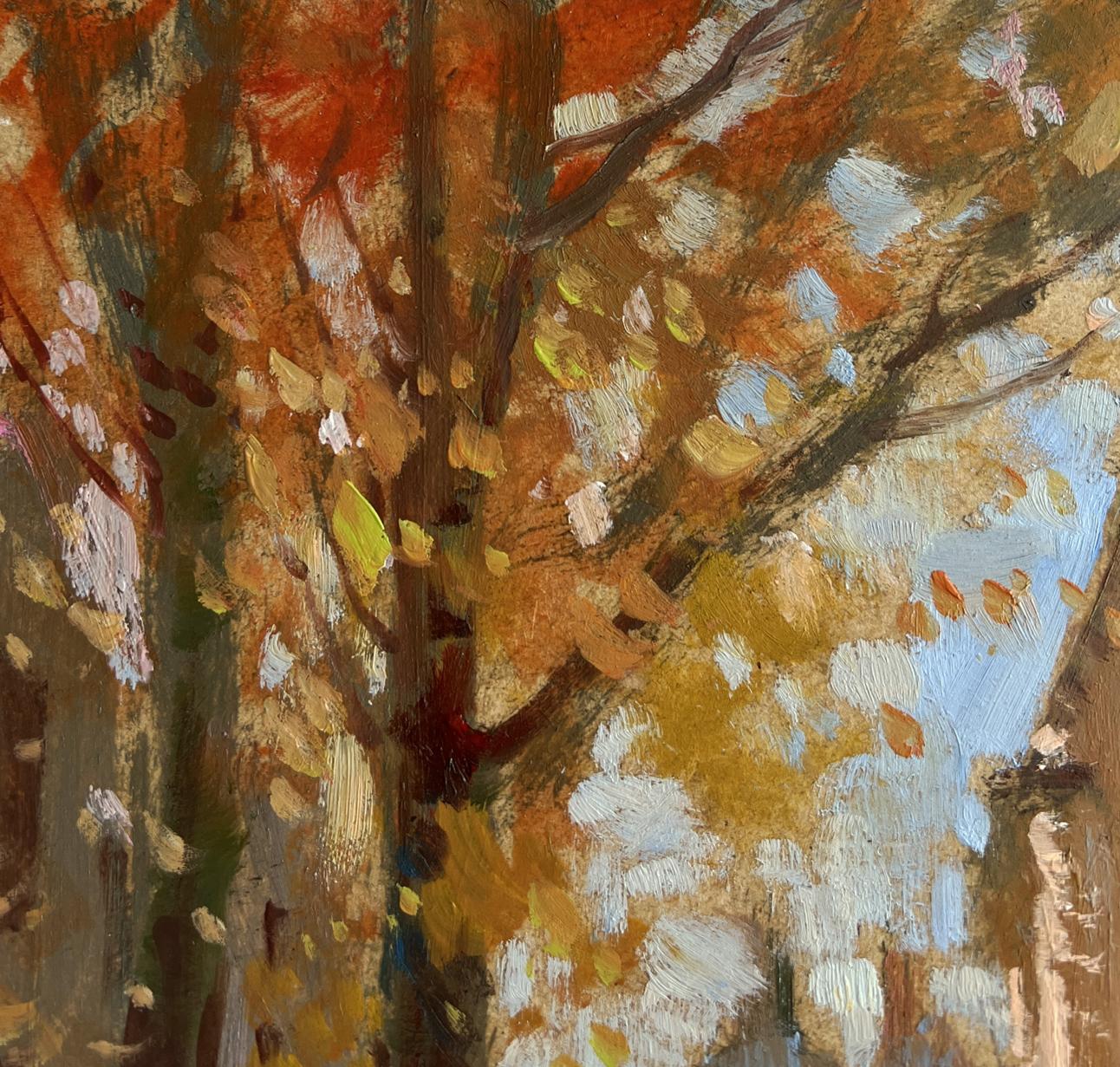 Textured oil painting of autumn streets with orange leaves by Yuriy Suprunchuk