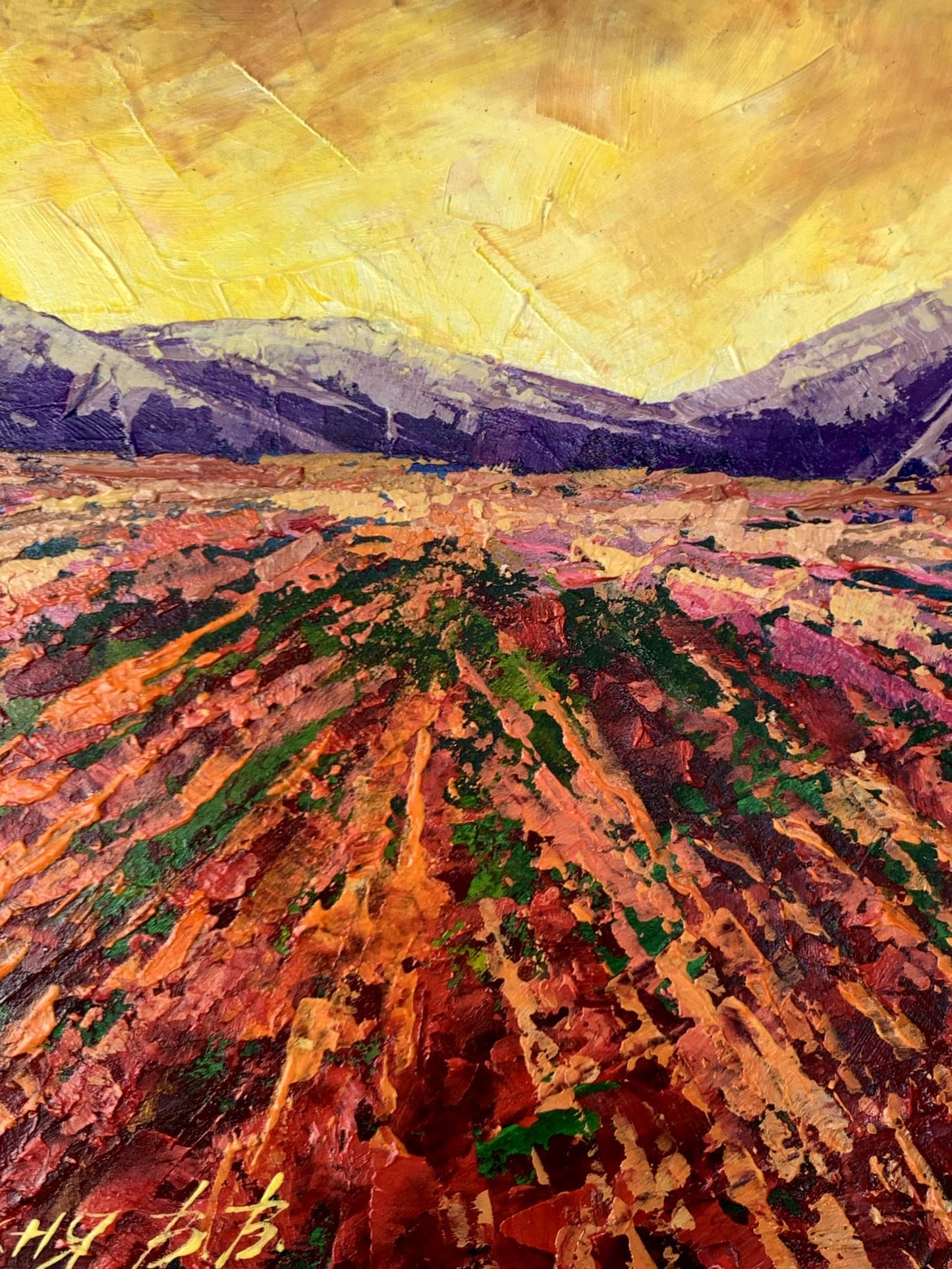 Vibrant oil painting of mountain sunset by V. Zadorozhnya