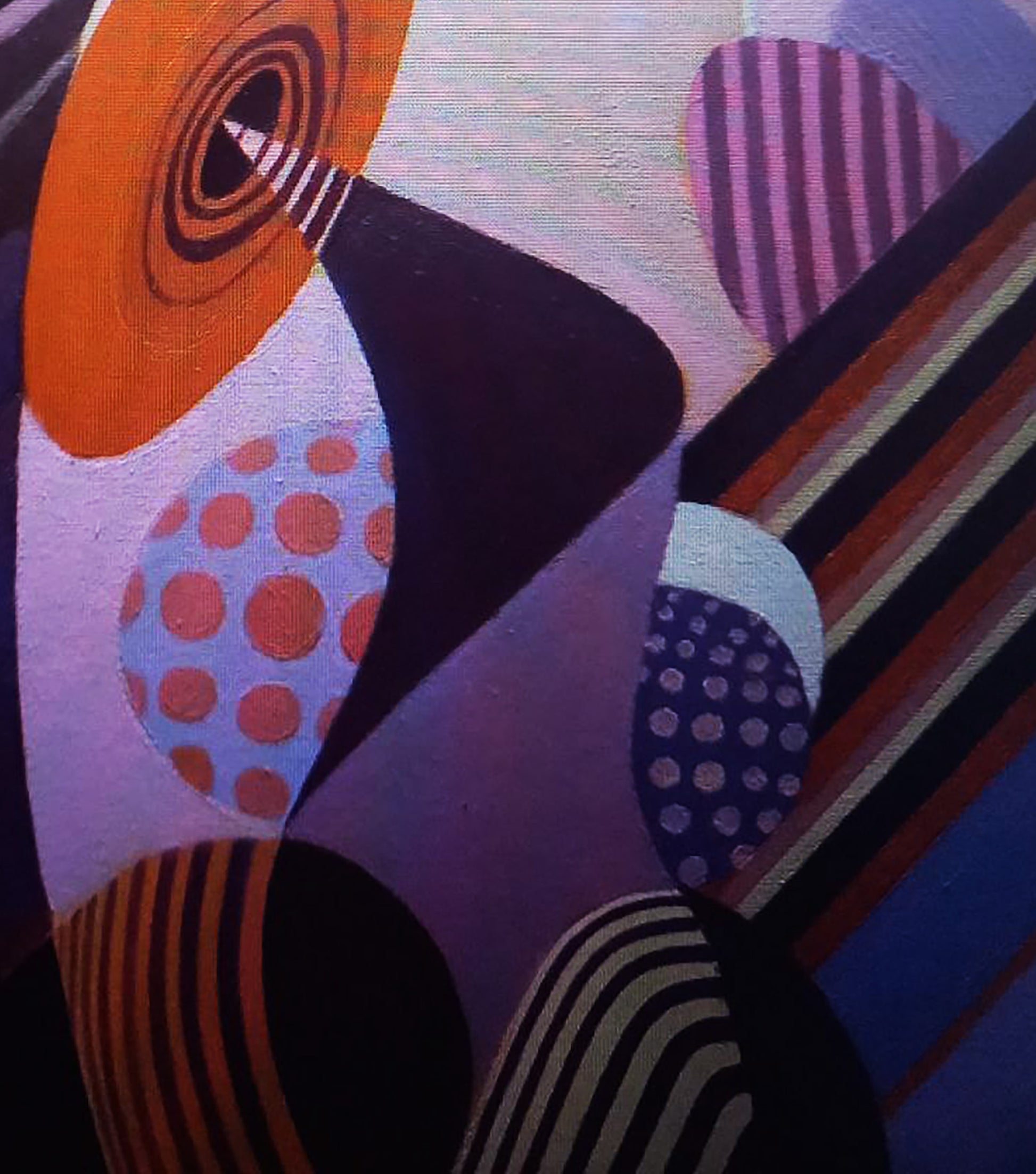 Abstract canvas painting featuring bold geometric shapes in vibrant orange, purple, black, and blue with patterned accents like polka dots and stripes.