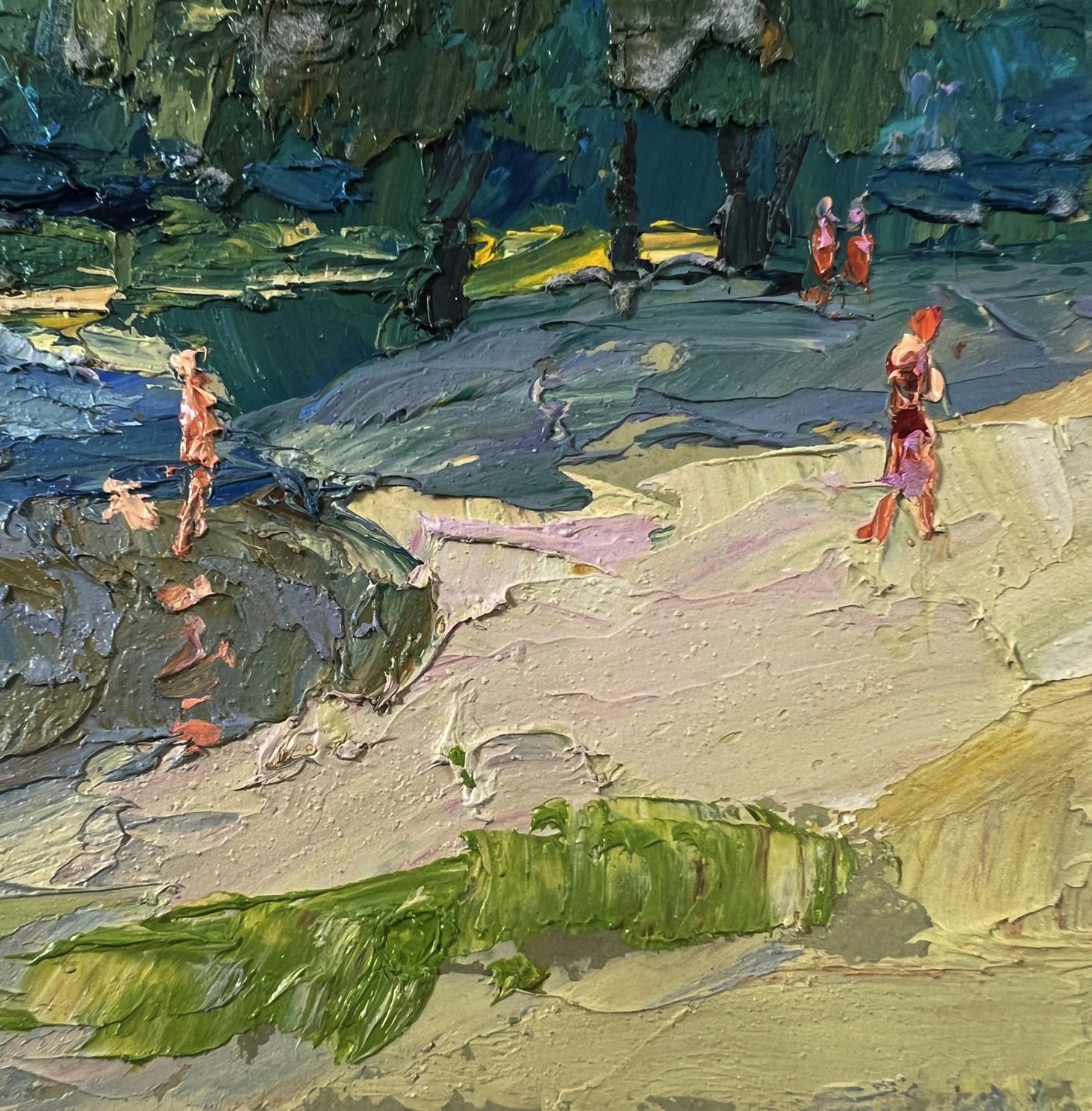 Textured impressionistic oil painting by Boris Serdyuk of forested river landscape