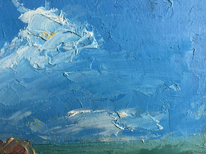 Oil painting Holidays at sea by Boris Serdyuk with textured blue sky and clouds