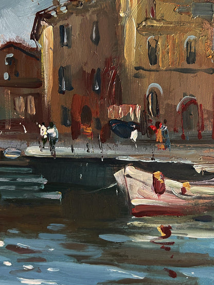 Oil painting of ancient Venice streets by Yuriy Suprunchuk, canal impasto scene