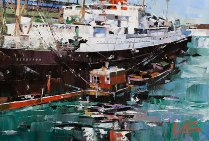 Vibrant impressionist oil painting of RMS Carpathia by Volodymyr Gluhomanyuk