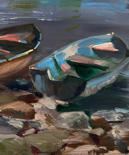 Oil painting View of Venice by Yuriy Suprunchuk: small boat in blue-green hues on water
