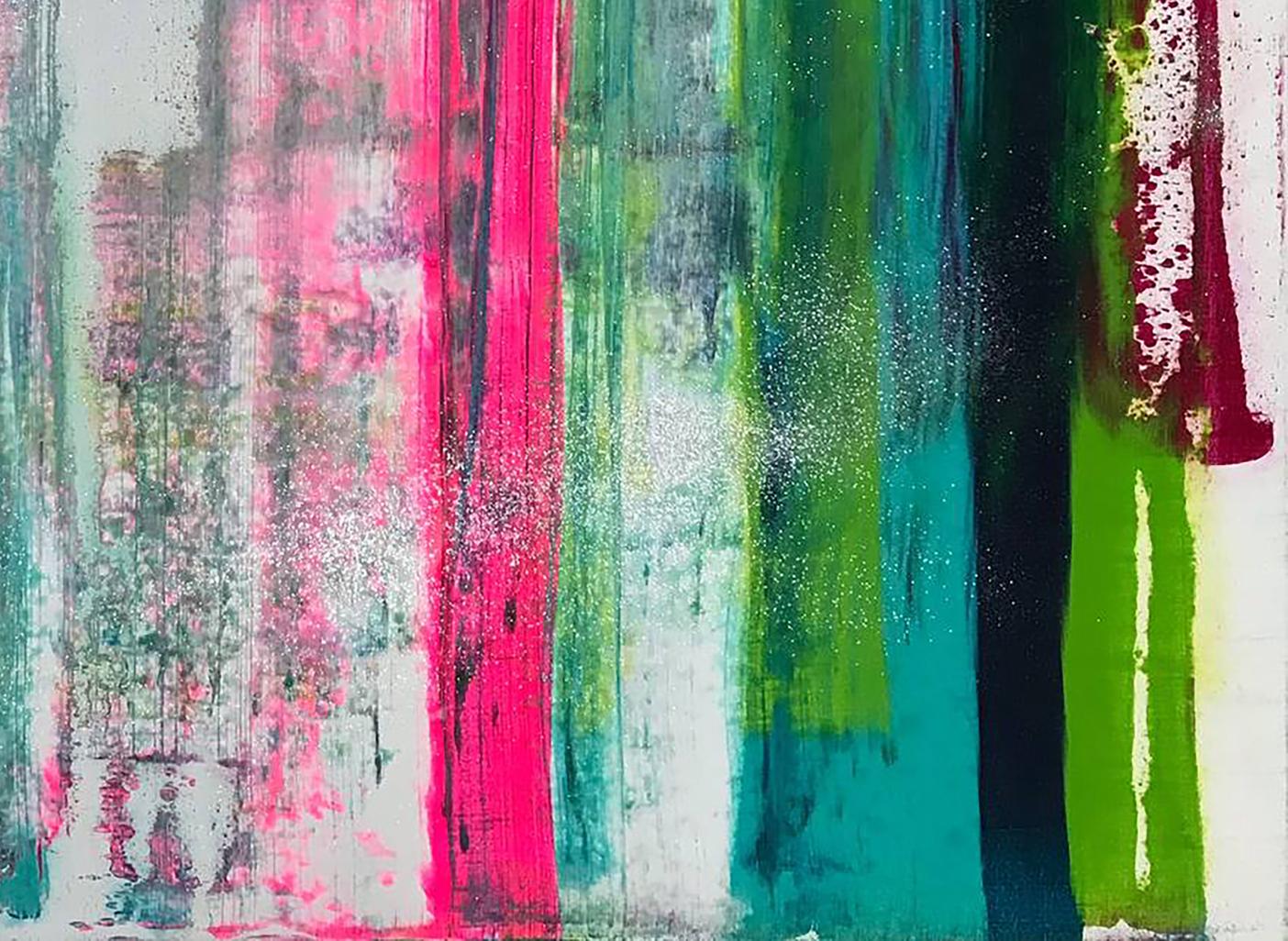 Acrylic painting Flow by Olga Melezhik: vibrant pink, teal, green stripes
