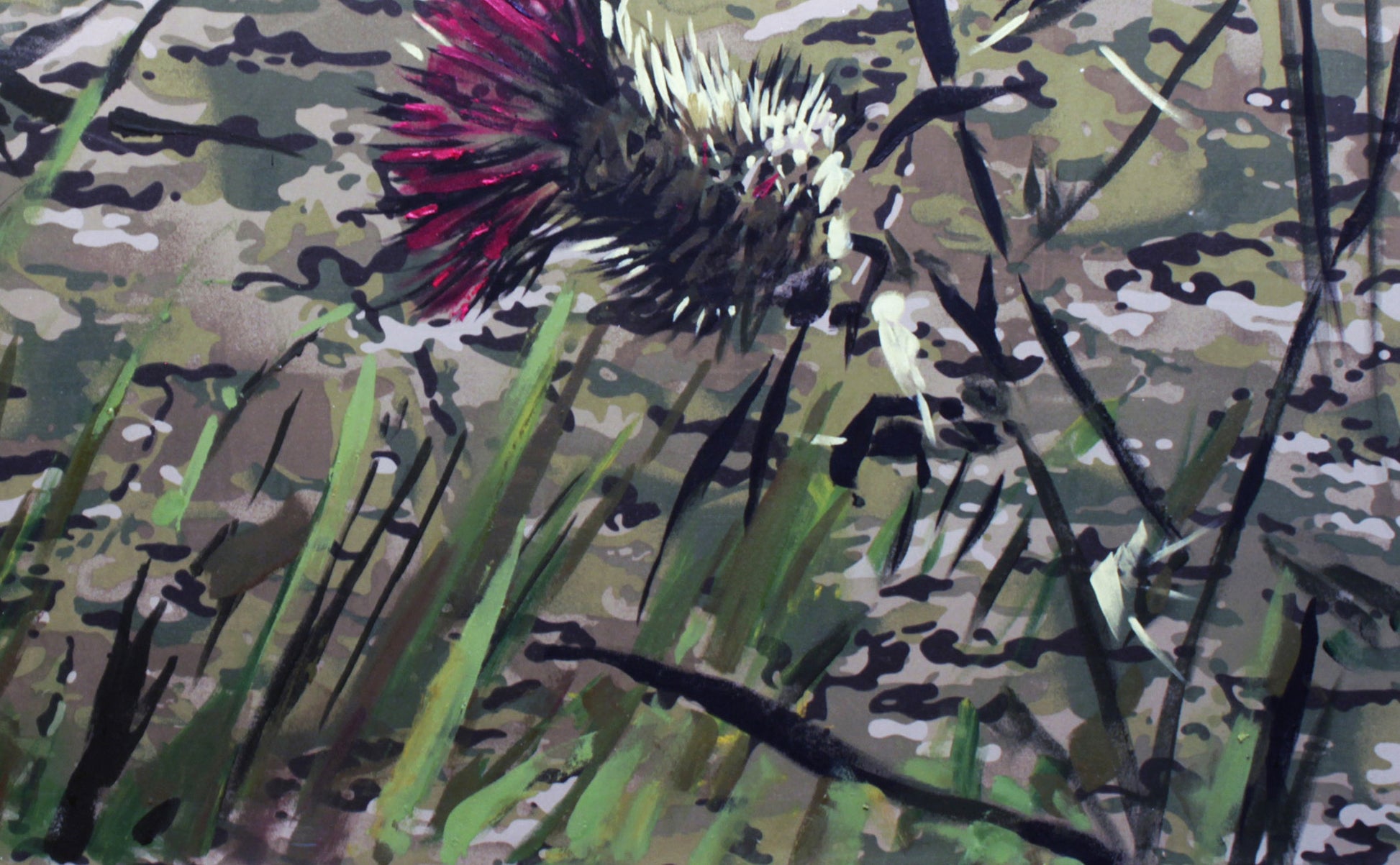 Vibrant pink thistle with white spines on camouflage, oil painting by Ed Potapenkov