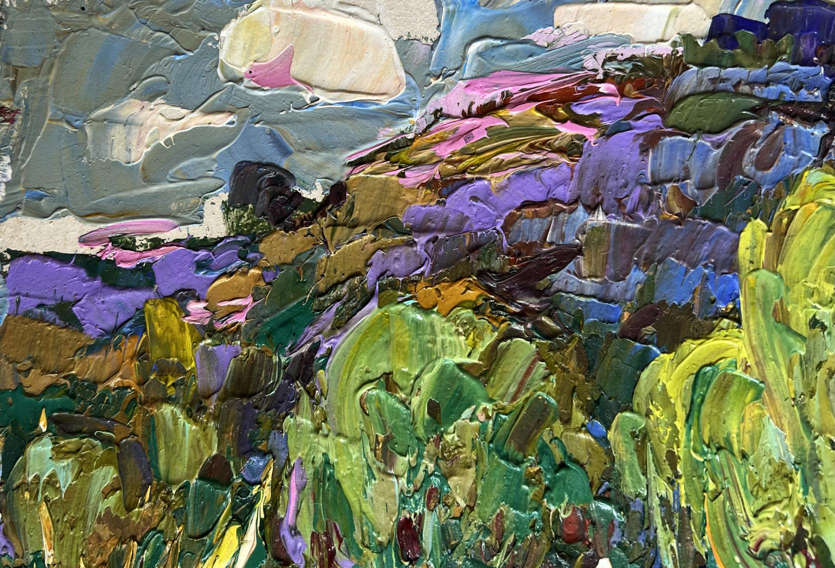 Vibrant impressionist oil painting of red and blue boat in lush landscape by Oleksiy Ivanyuk