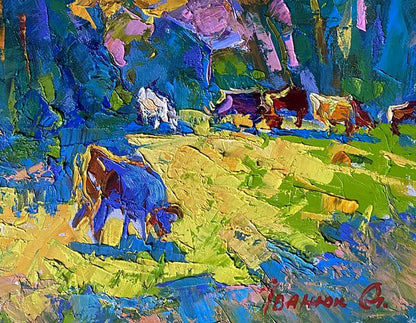 Vibrant impressionist oil painting by Oleksiy Ivanyuk: cows grazing on forest edge
