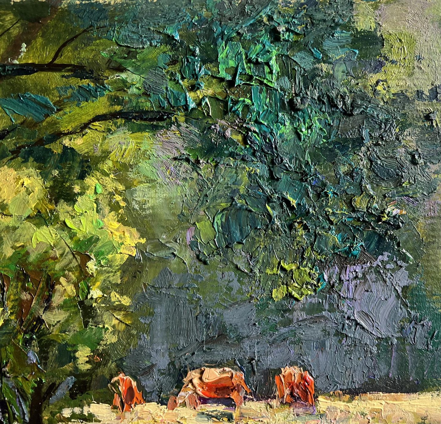 Vibrant impressionistic oil painting of orange crabs under green foliage by Boris Serdyuk