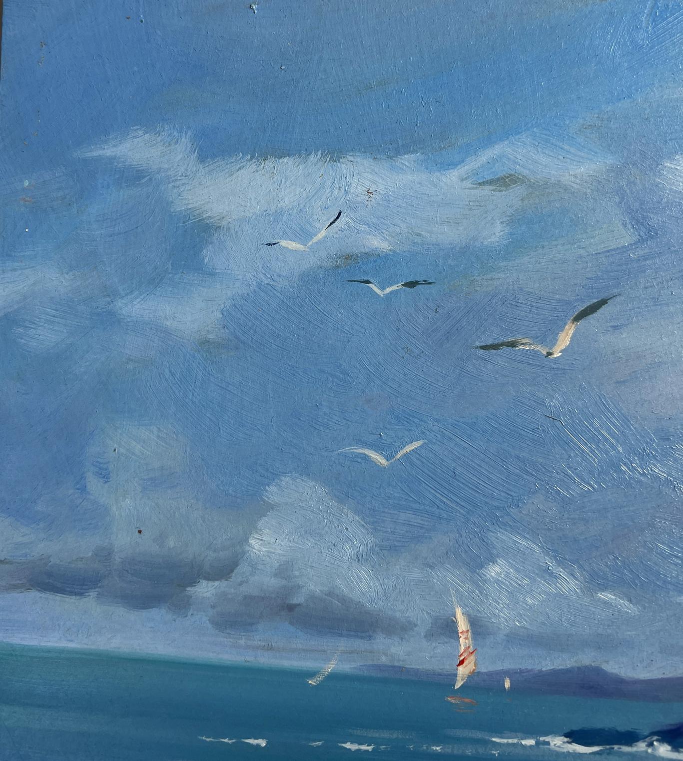 Oil painting Sea Breeze on a Clear Day by Yuriy Suprunchuk with sailboat and seagulls