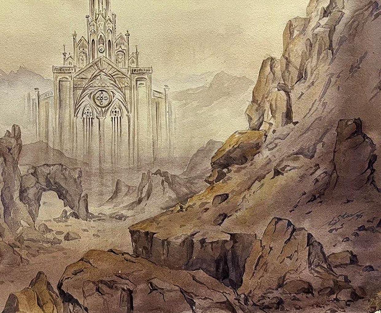 Watercolor painting Ghost of the Gothic by Dmytro Startsev cathedral in rocky terrain