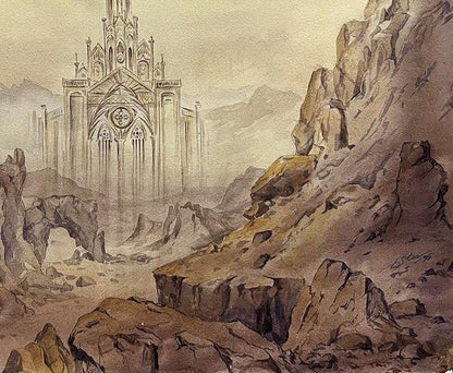 Watercolor painting Ghost of the Gothic by Dmytro Startsev cathedral in rocky terrain