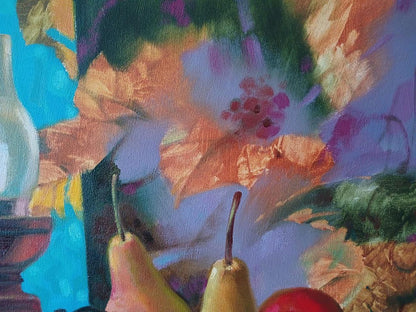 Abstract oil painting of two golden-yellow pears by Anatoly Tarabanov
