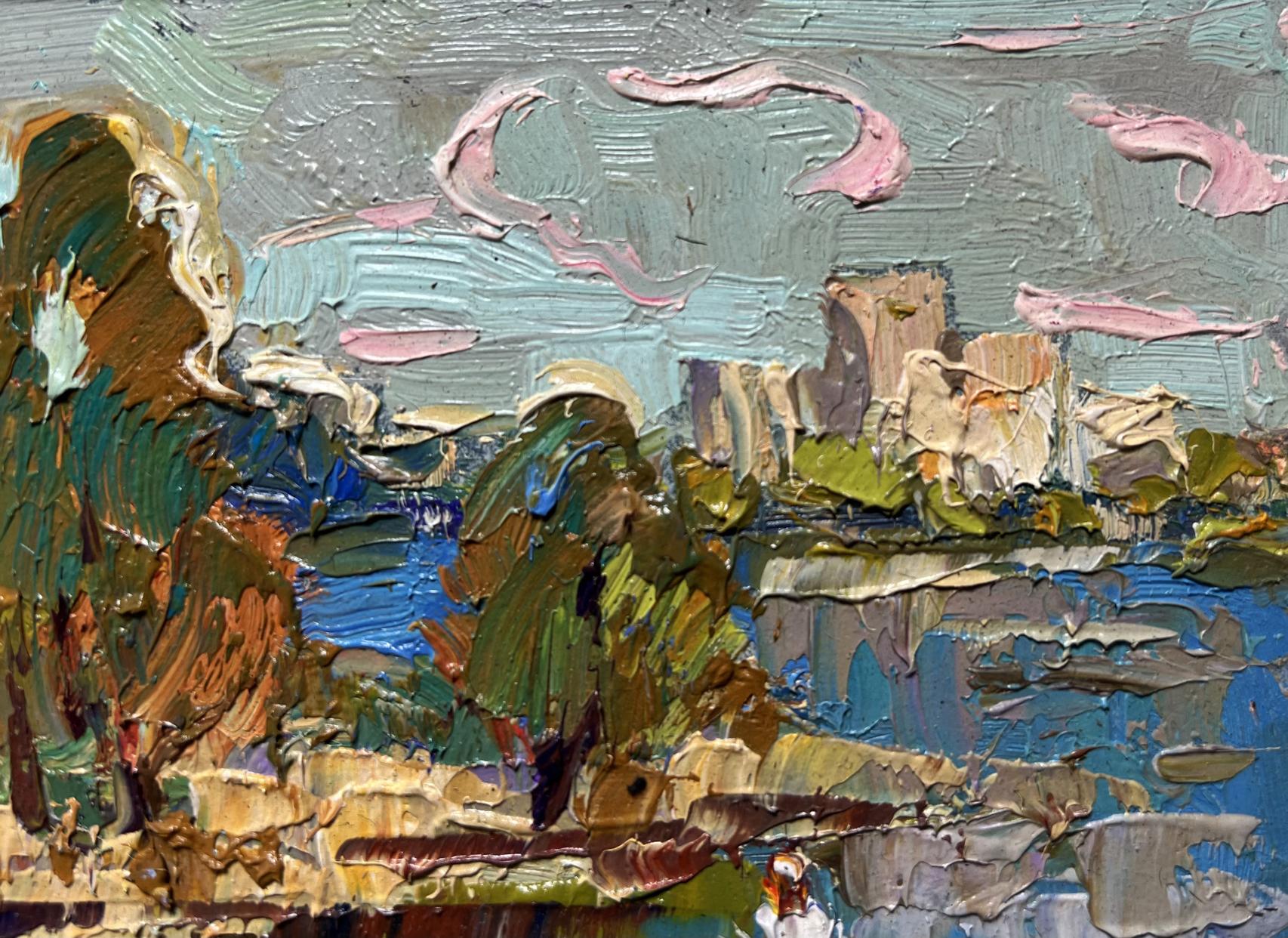 Impasto landscape oil painting by Oksana Ivanyuk: boat outside city