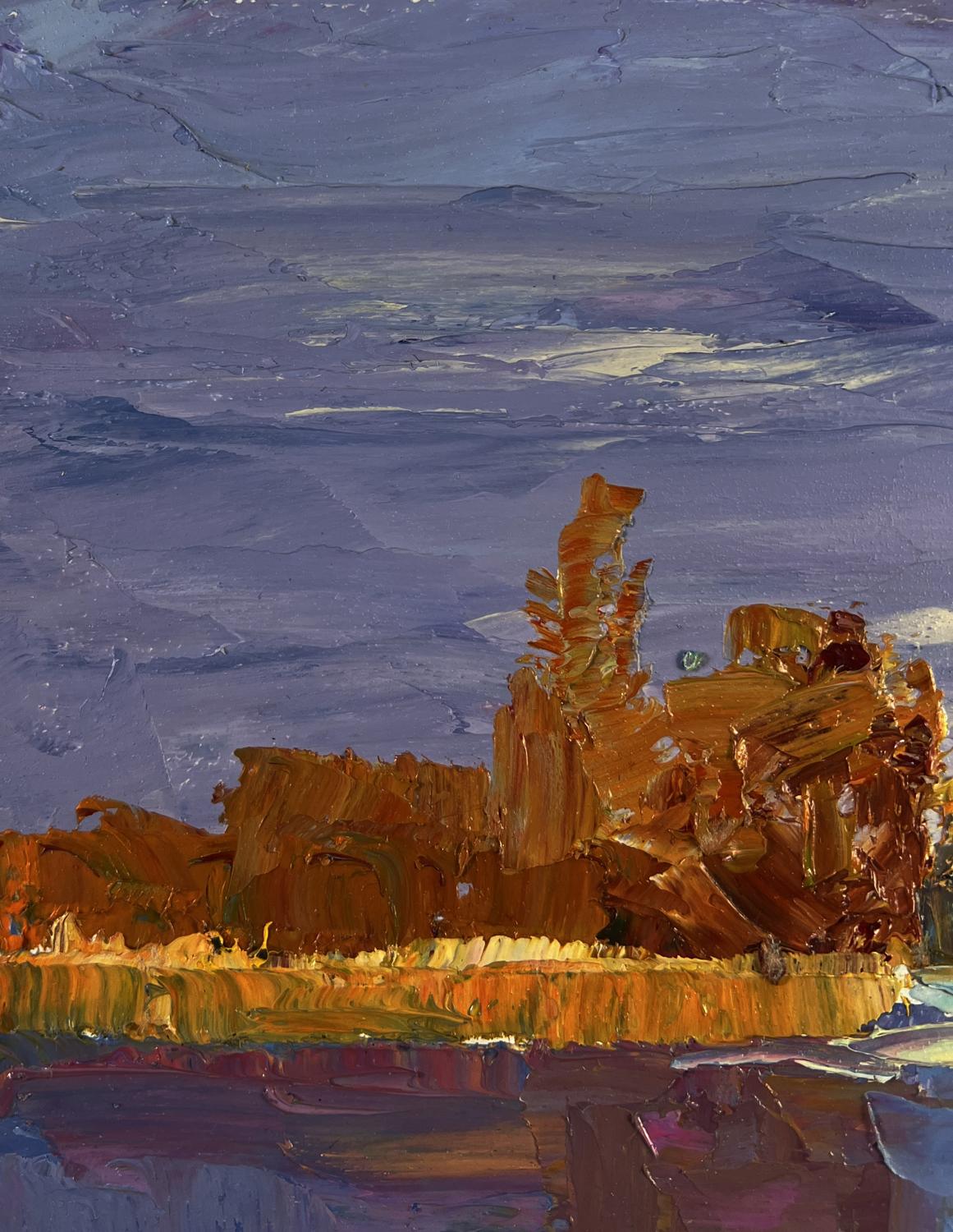Textured impasto oil painting of rugged coast by Boris Serdyuk, moody purple sky
