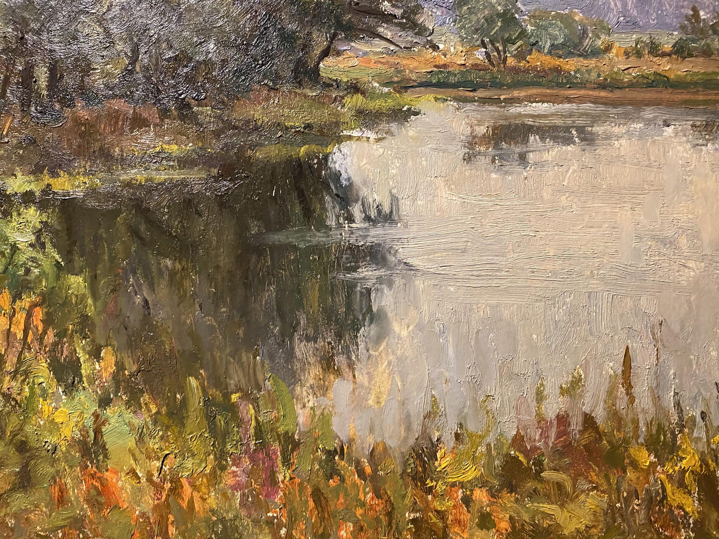 Oil painting by autumn Nikolay Rabotyagov: tranquil river with autumn foliage