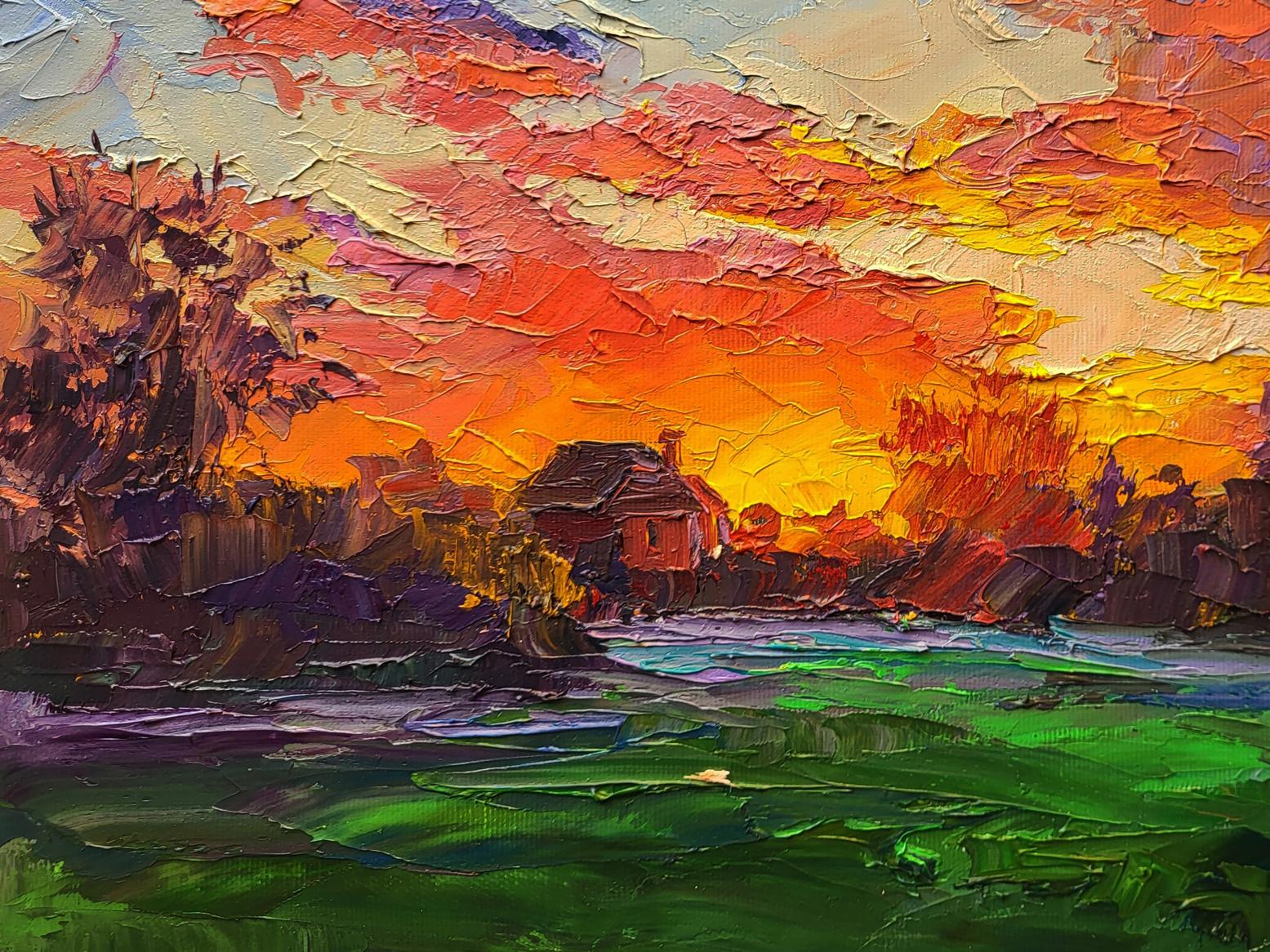 Vibrant impressionist oil painting by Boris Serdyuk of rustic house amid multicolored sunset clouds