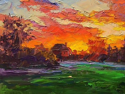 Vibrant impressionist oil painting by Boris Serdyuk of rustic house amid multicolored sunset clouds