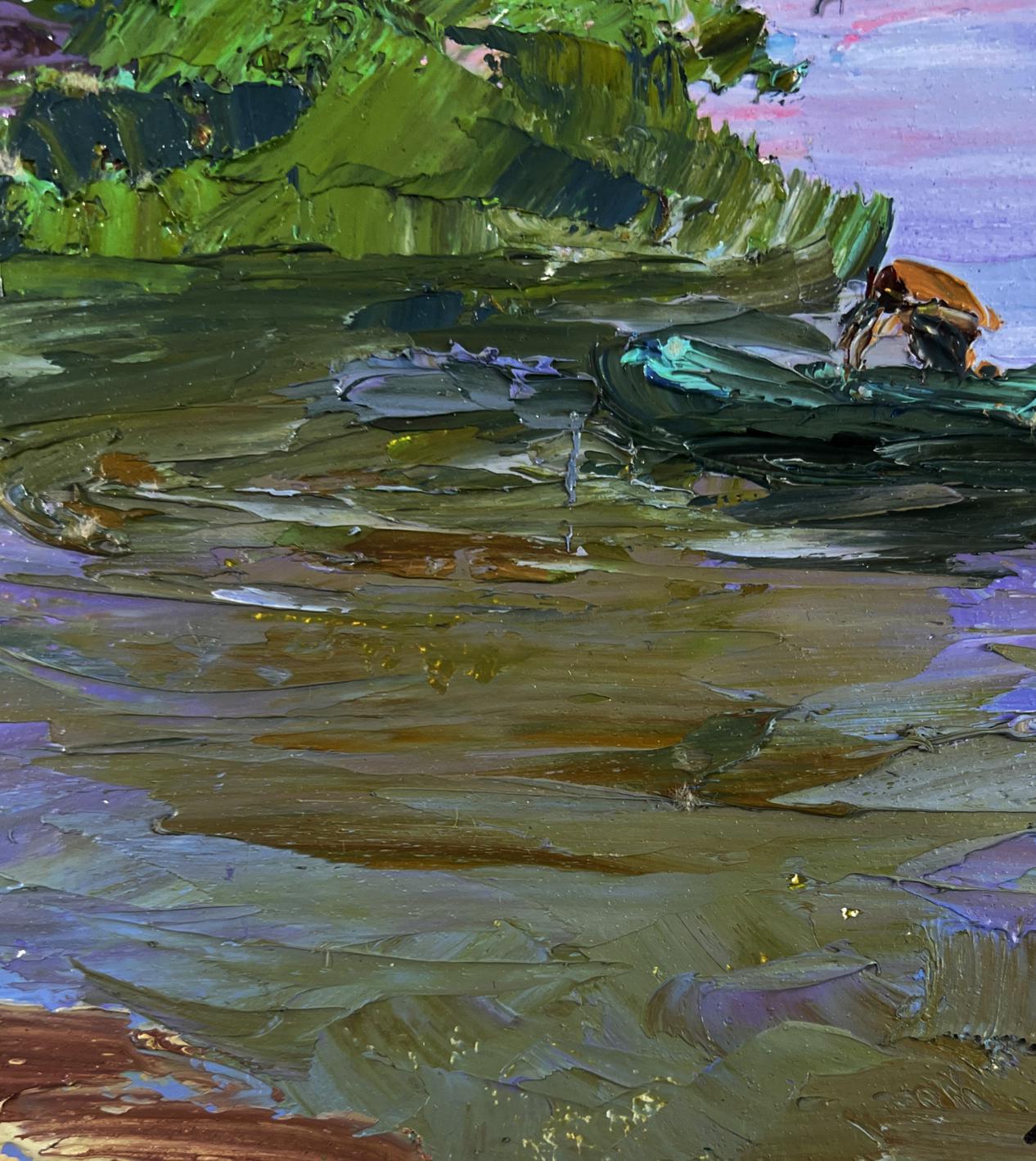 Impressionistic oil painting of lonely fishermans green hillside by Boris Serdyuk