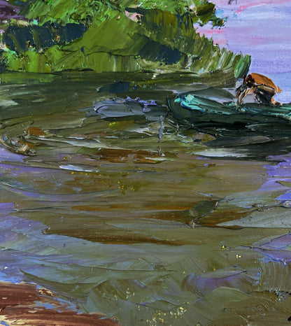 Impressionistic oil painting of lonely fishermans green hillside by Boris Serdyuk